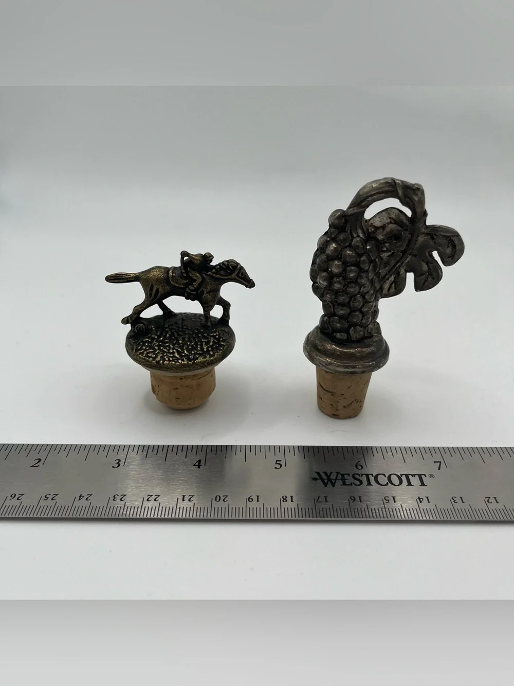 Vintage Silver Tone & Brass Toned Metal Bottle Stoppers - Set of 2, Jockey Grape
